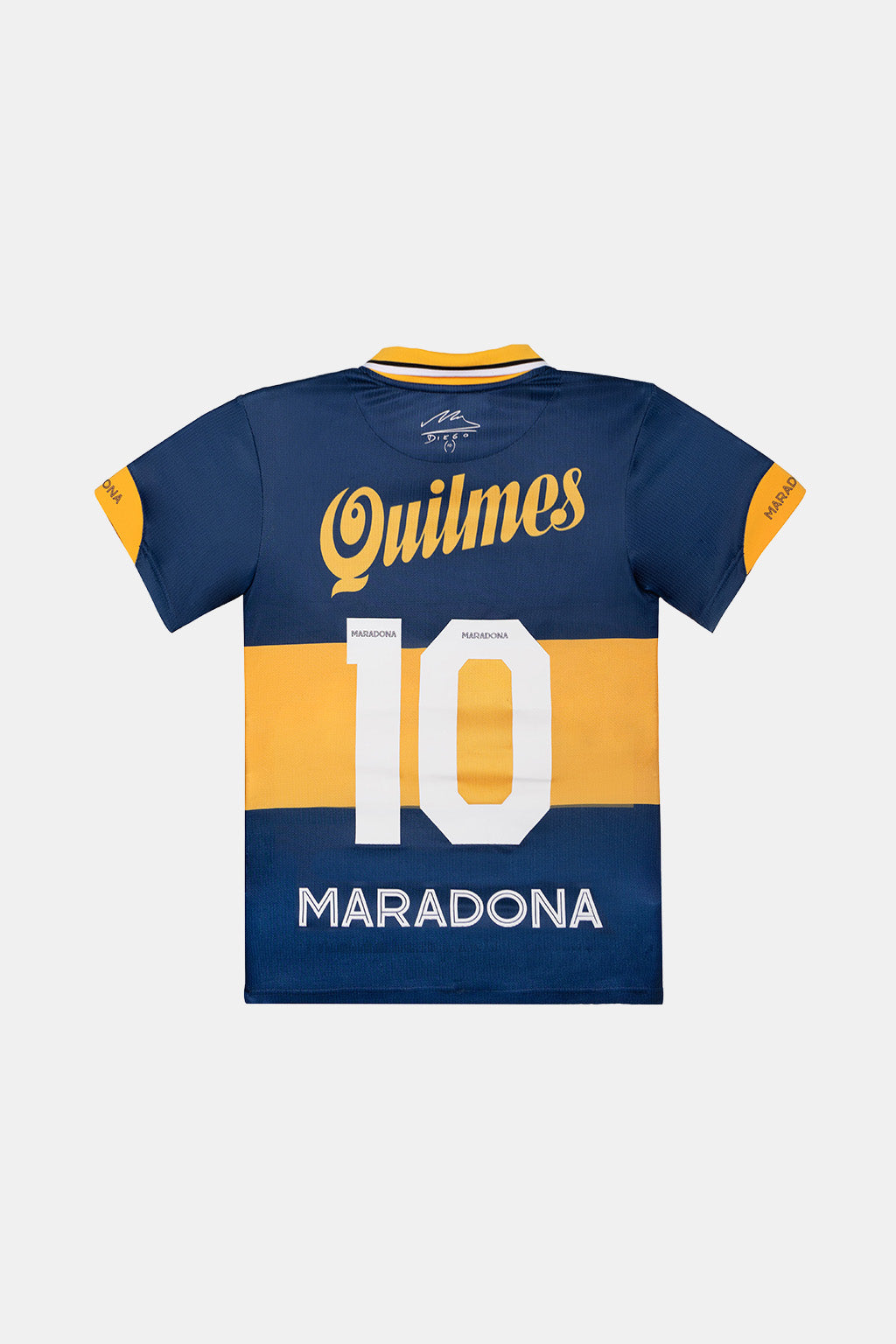 Back view of a navy blue and yellow sports jersey featuring the name 'Quilmes' in yellow script, a large white number '10' across the center, 'MARADONA' in white text below, and yellow sleeve accents, shown on a light gray background.