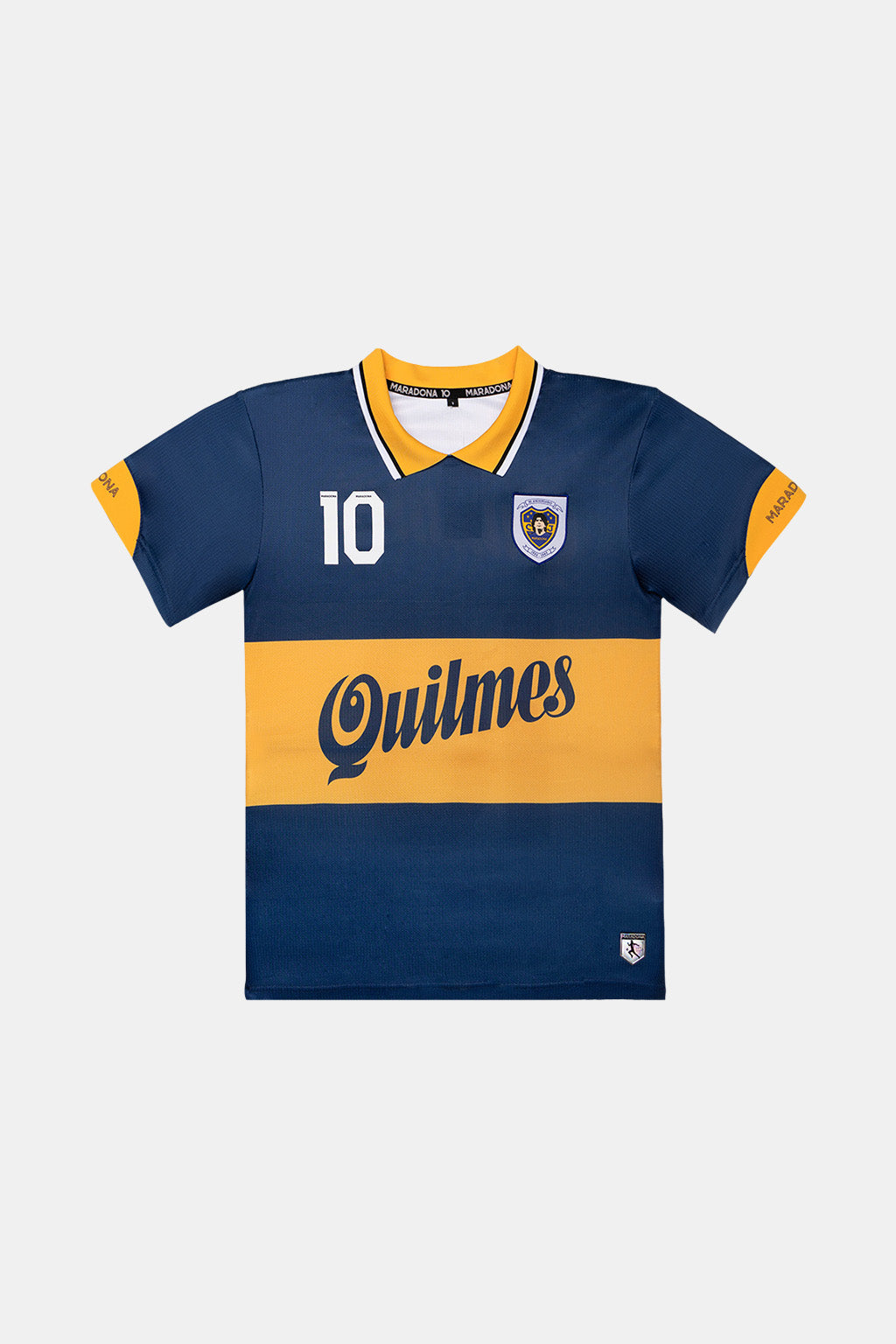 A short-sleeve soccer jersey in navy blue and yellow, featuring the number 10 on the right chest, a large 'Quilmes' sponsor logo across the center, and a team crest on the left chest, shown against a light gray background.