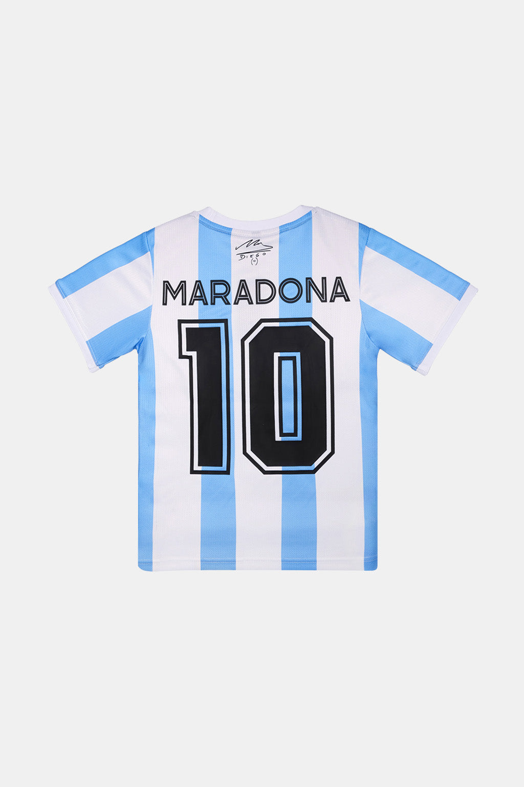 A short-sleeve Argentina soccer jersey with light blue and white vertical stripes, featuring 'MARADONA' and the number '10' printed on the back in black and white.