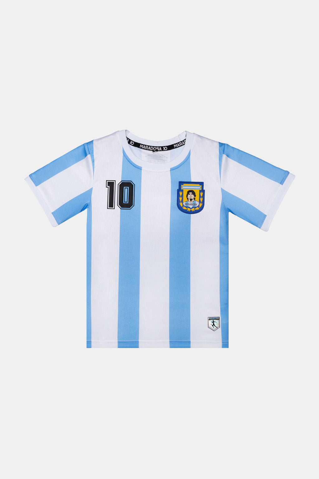 A short-sleeve soccer jersey with vertical light blue and white stripes, featuring the number 10 on the right chest and the Argentina national team crest on the left chest, displayed on a light gray background.