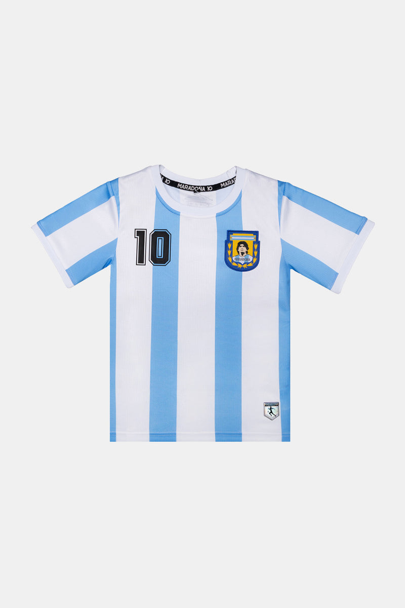 A short-sleeve soccer jersey with vertical light blue and white stripes, featuring the number 10 on the right chest and the Argentina national team crest on the left chest, displayed on a light gray background.