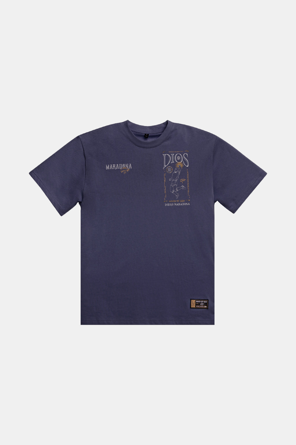 A navy blue short-sleeve t-shirt with graphic prints on the chest, featuring 'MARAKUTHA' on the left chest and 'DIOS' on the right chest, along with a small brown brand patch near the bottom hem, displayed on a light gray background.