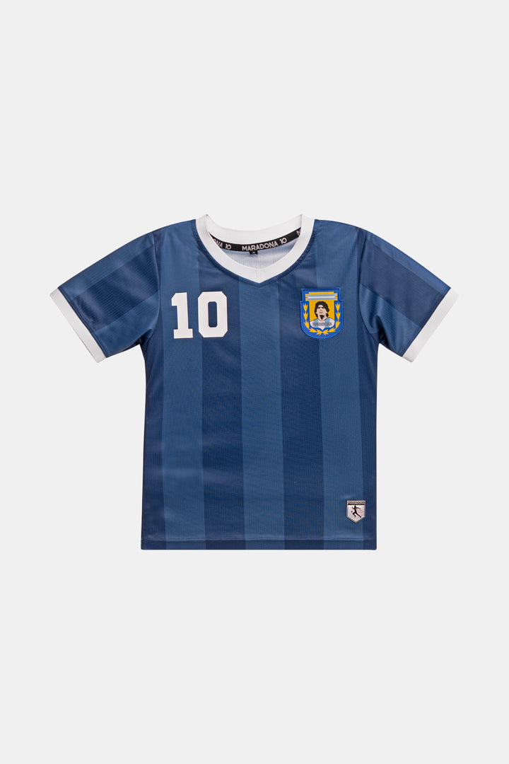 A blue and navy vertically striped soccer jersey with white trim on the collar and cuffs, featuring the number 10 on the right chest and the Argentina national team crest on the left chest.