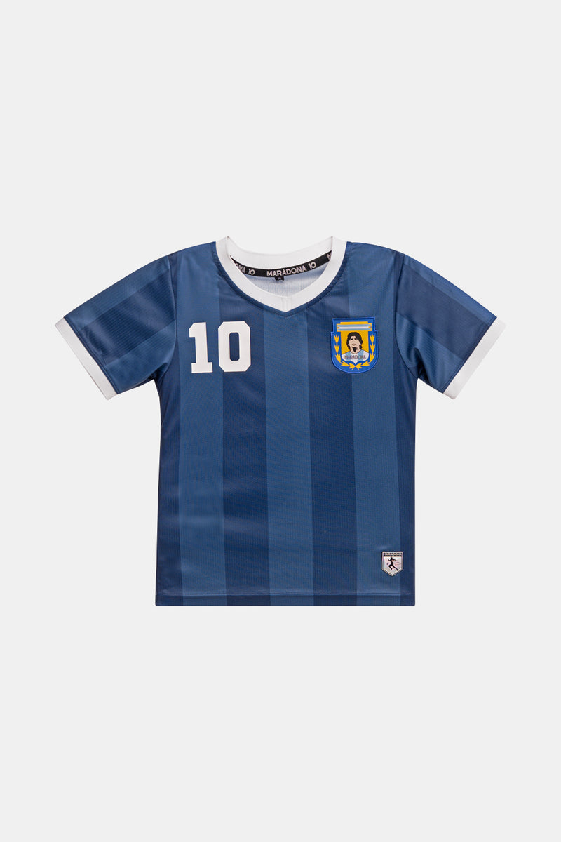 A blue and navy vertically striped soccer jersey with white trim on the collar and cuffs, featuring the number 10 on the right chest and the Argentina national team crest on the left chest.
