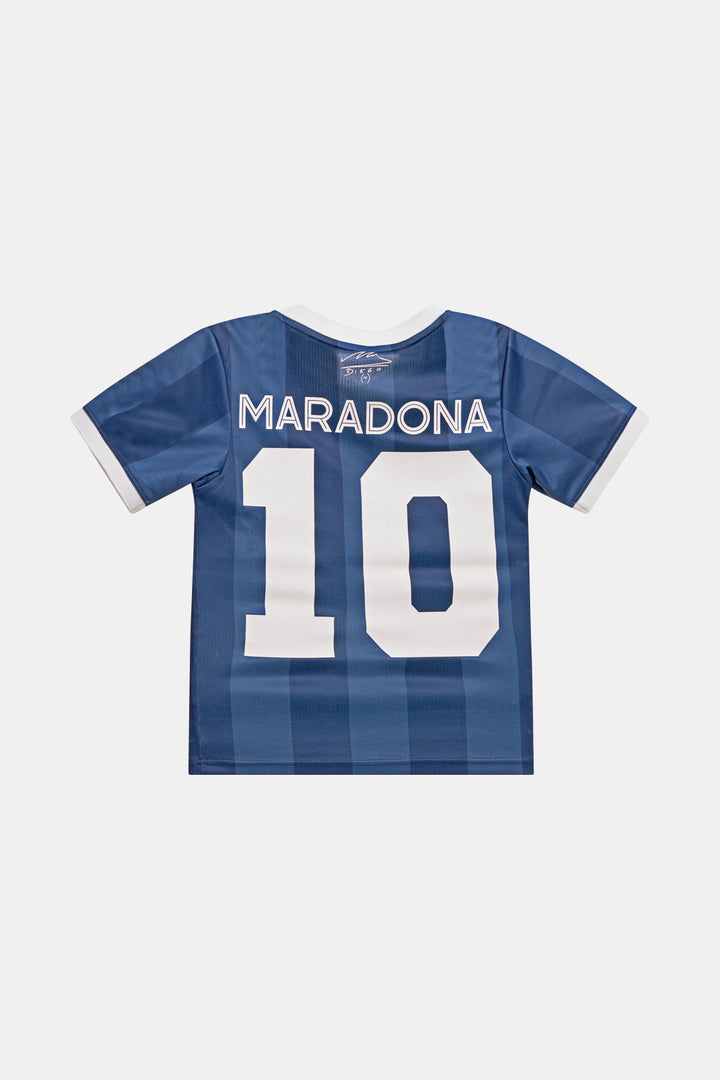 A blue short-sleeve soccer jersey with 'MARADONA' and the number '10' printed in white on the back, shown against a light gray background.