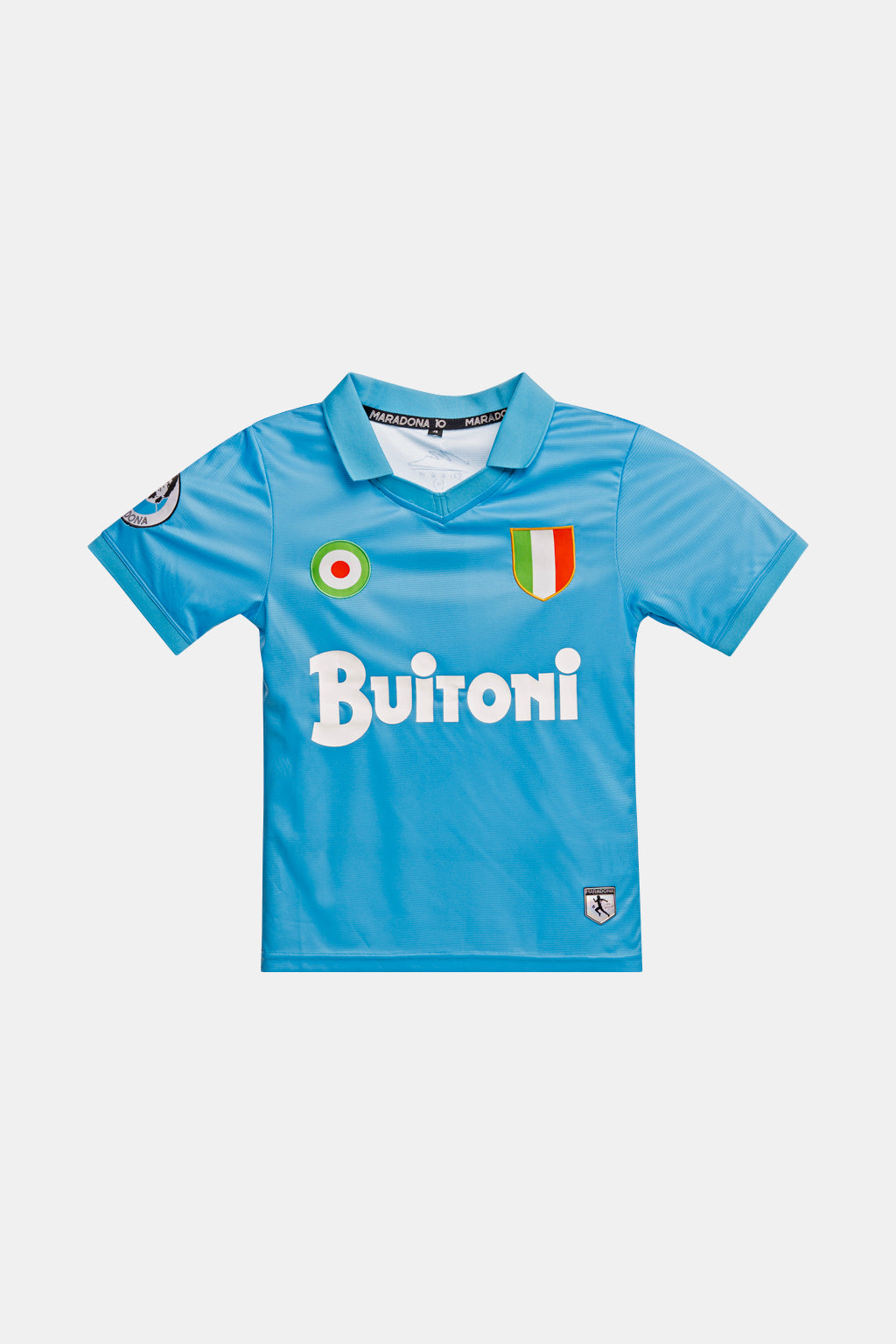 A light blue short-sleeve soccer jersey with 'Buitoni' in white across the chest, an Italian flag crest on the right chest, and a circular green, white, and red emblem on the left chest, shown on a light gray background.