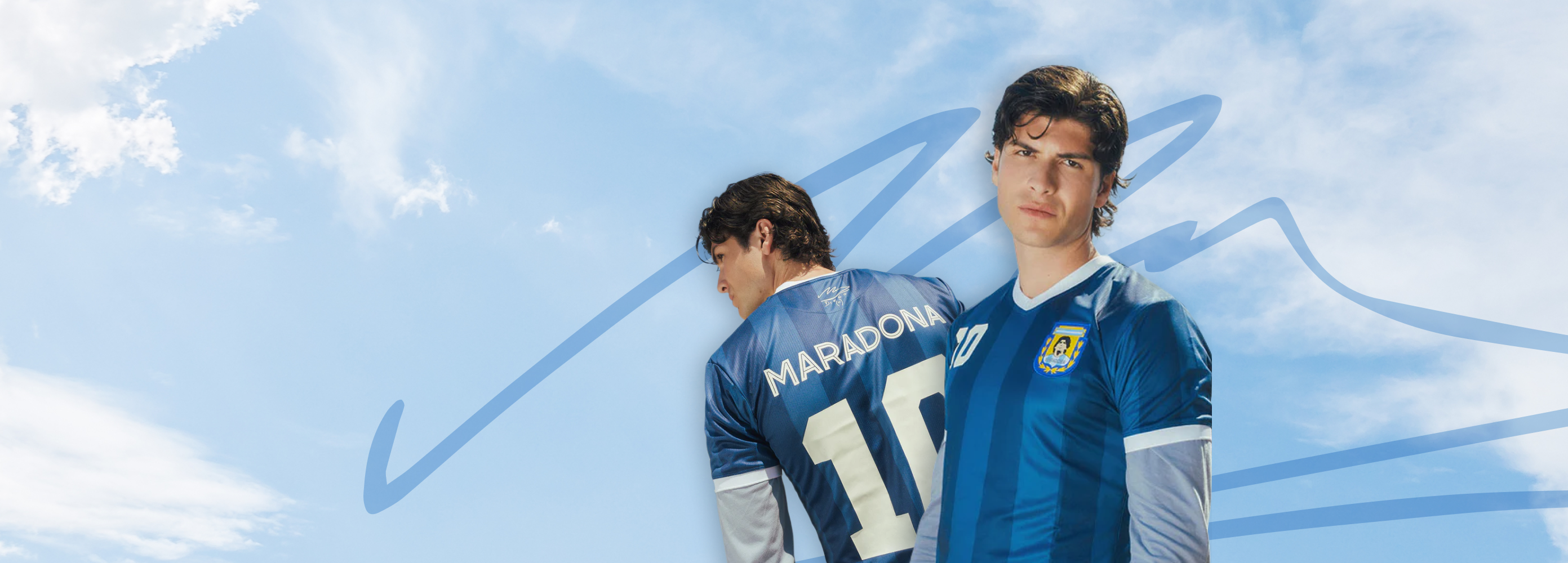 Two soccer players wearing Argentina national team blue jerseys, one showing the back with the name MARADONA and number 10, and the other facing forward, set against a blue sky background with a stylized signature graphic.