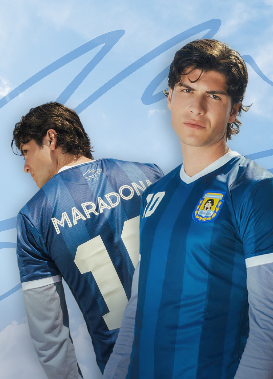 Two soccer players wearing Argentina national team jerseys, with one shown from the back featuring the name 'MARADONA' and number 10, and the other shown from the front wearing jersey number 10.