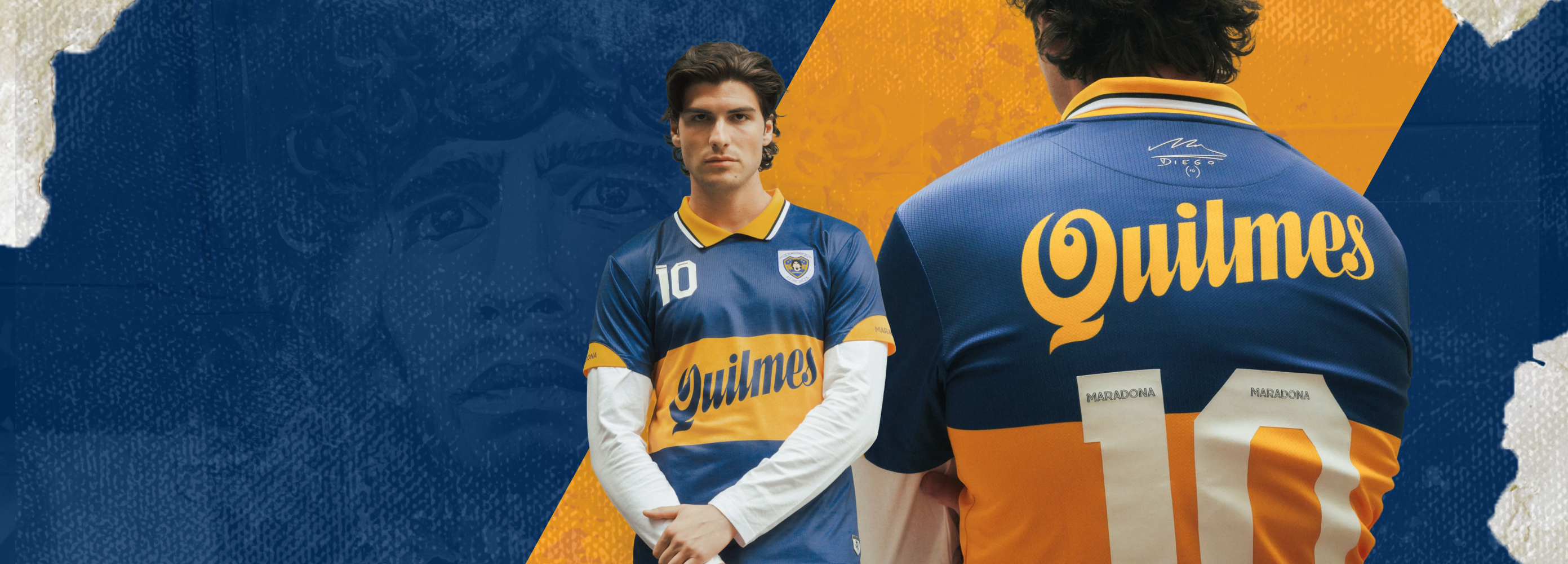 A football jersey shown on a model from both front and back views. The jersey is blue with yellow and white stripes, featuring the name 'Quilmes' in yellow script across the chest and back, and the number 10.
