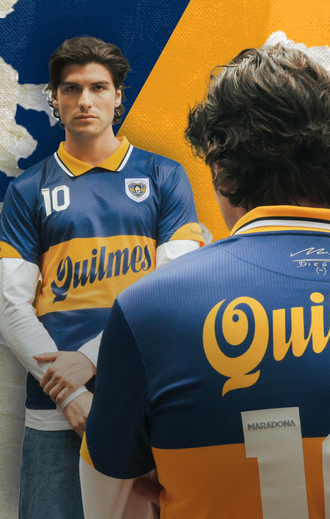 A man wearing a vintage-style blue and yellow Quilmes soccer jersey stands in front of a mirror, looking at his reflection. The image shows both the front of the jersey with the number 10 and the sponsor logo, and the back of the jersey with the large yellow Quilmes branding and the number 1.